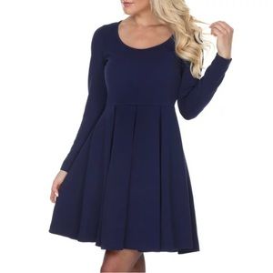 White Mark navy blue long sleeve scoop neck fit and flare dress